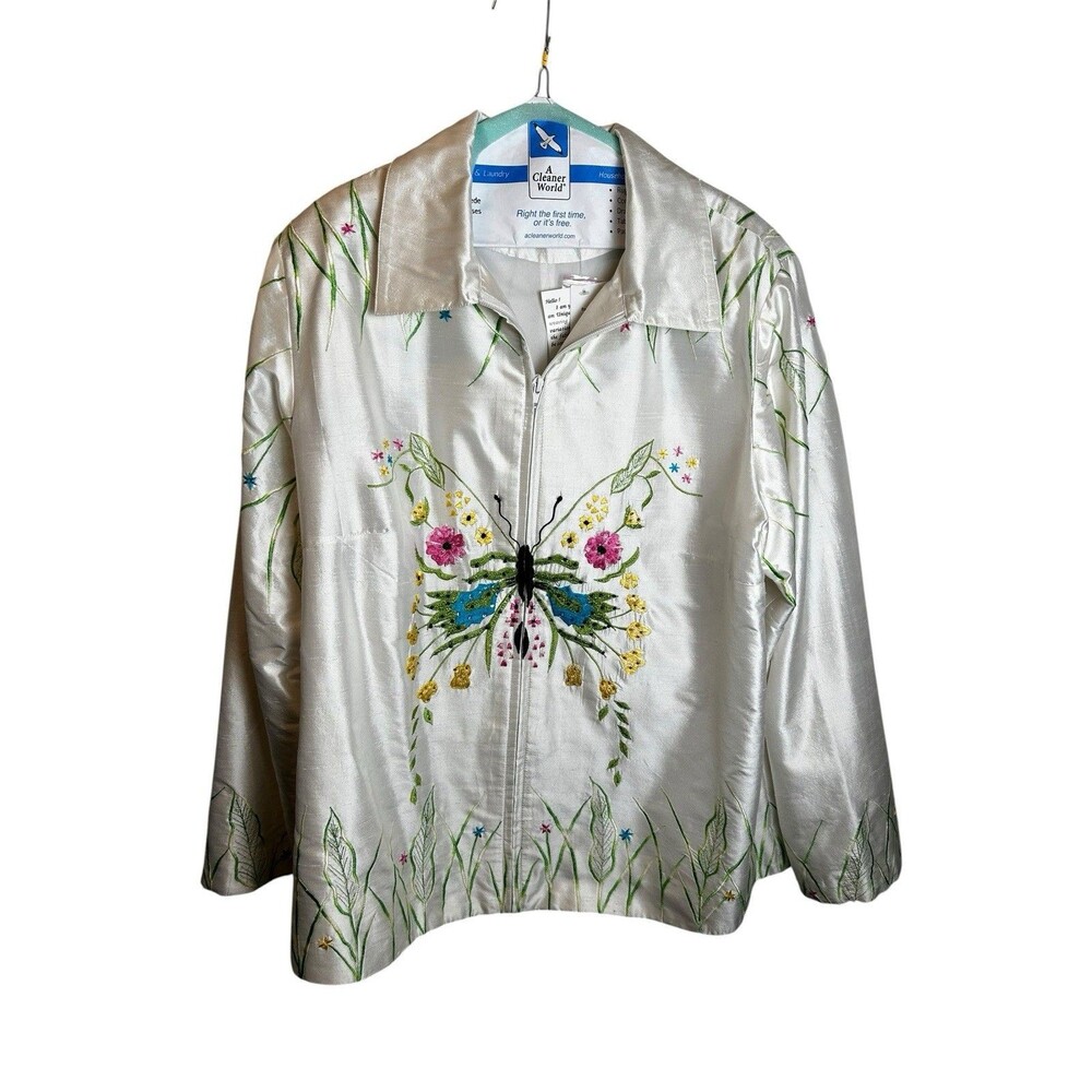 Blutique Vintage 100% Silk Embroidered Butterfly Floral Zip Jacket White 1X